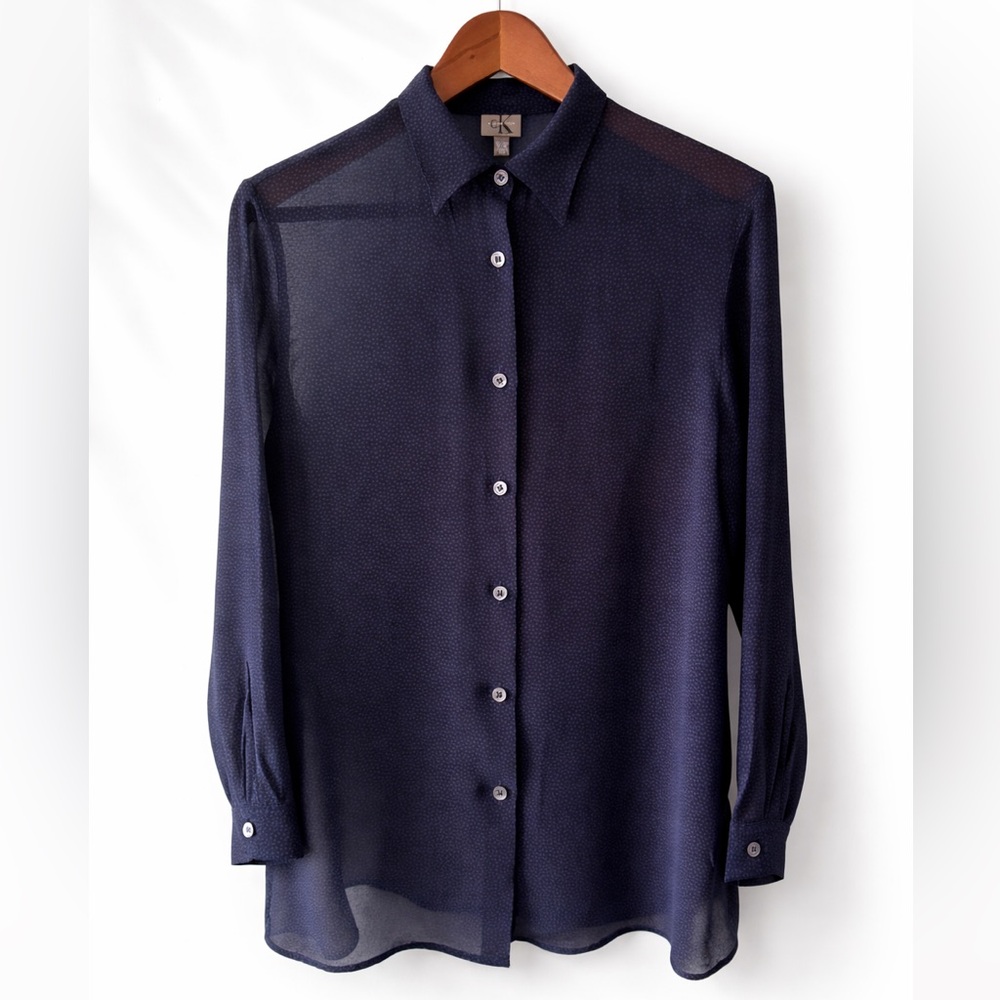 Calvin Klein Made in Italy Designer Sheer Navy Micro Dot Button Down Sz 12